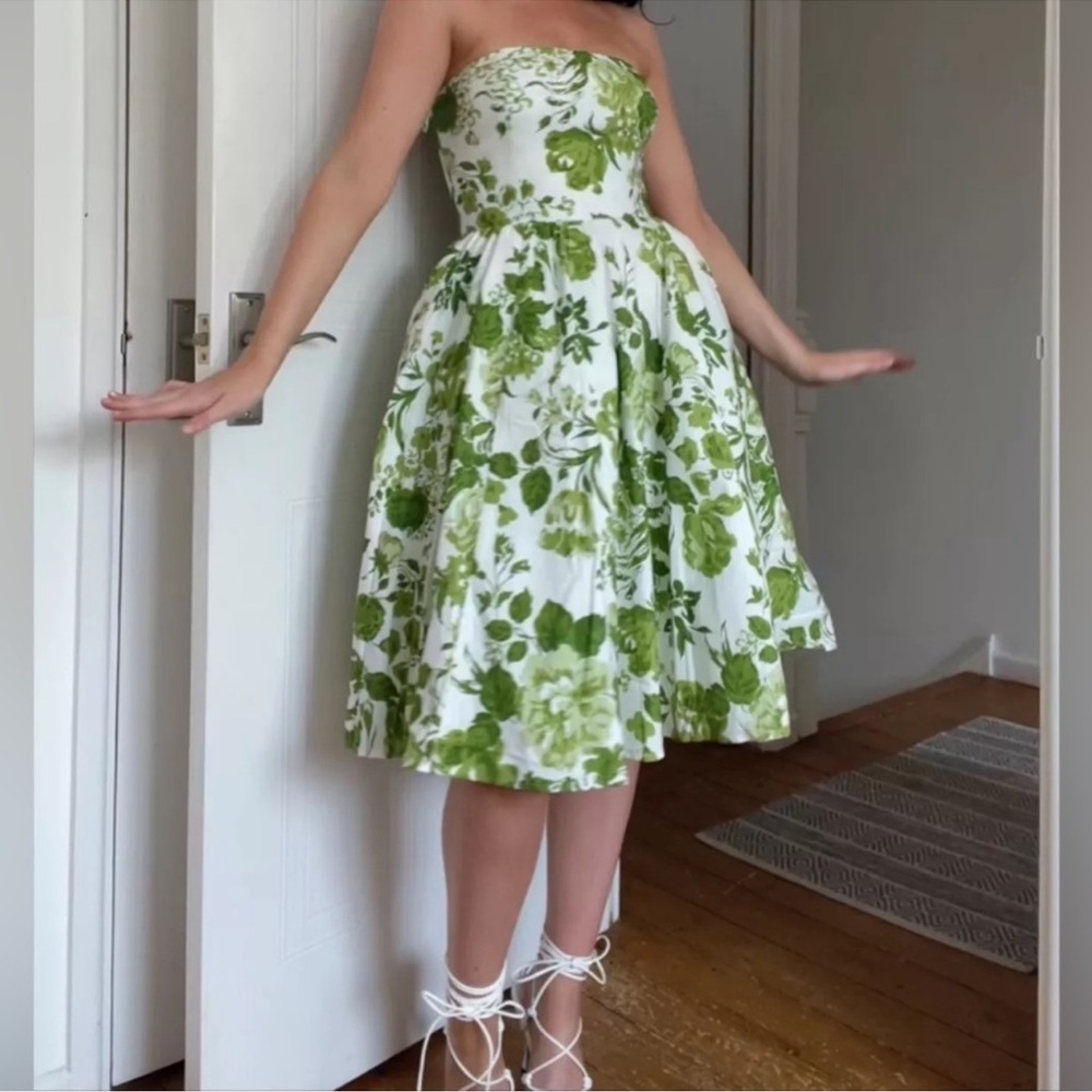 Reformation buttercup Rialto green floral strapless midi dress